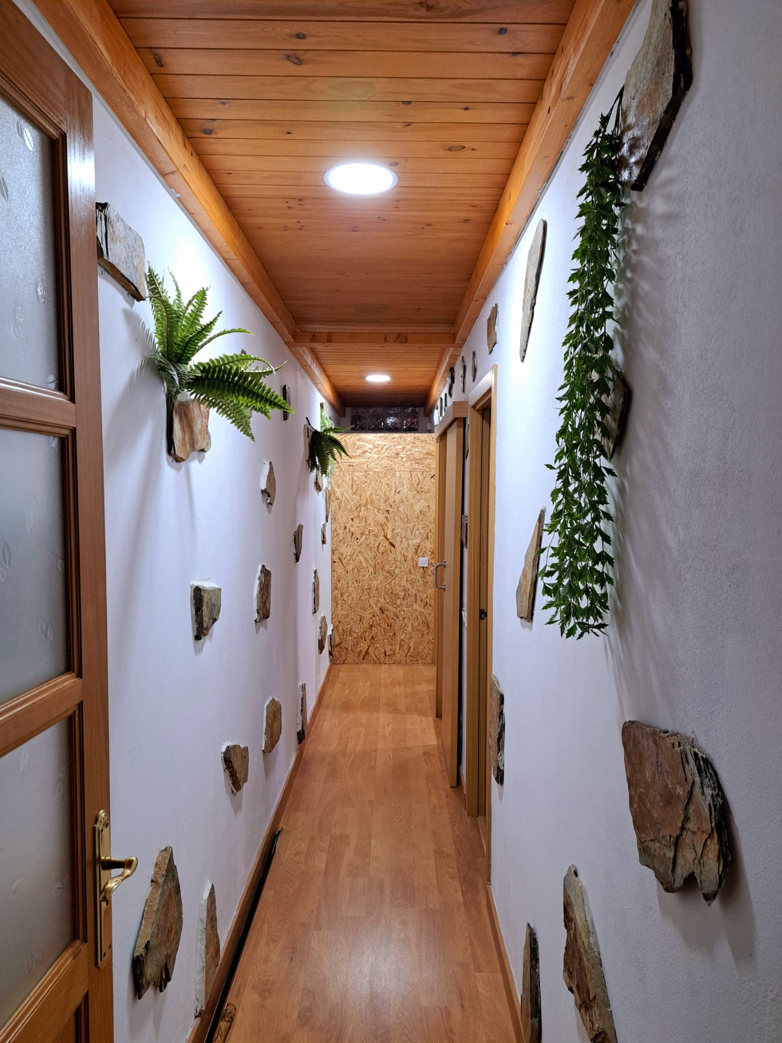 Suelo laminado con techo de tarima y pared revestida en madera